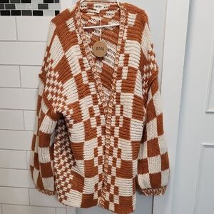 BiBi Rust and Cream Checkerboard Knit Cardigan